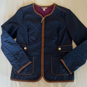 Charter Club Navy Quilted Jacket with Brown Trim
